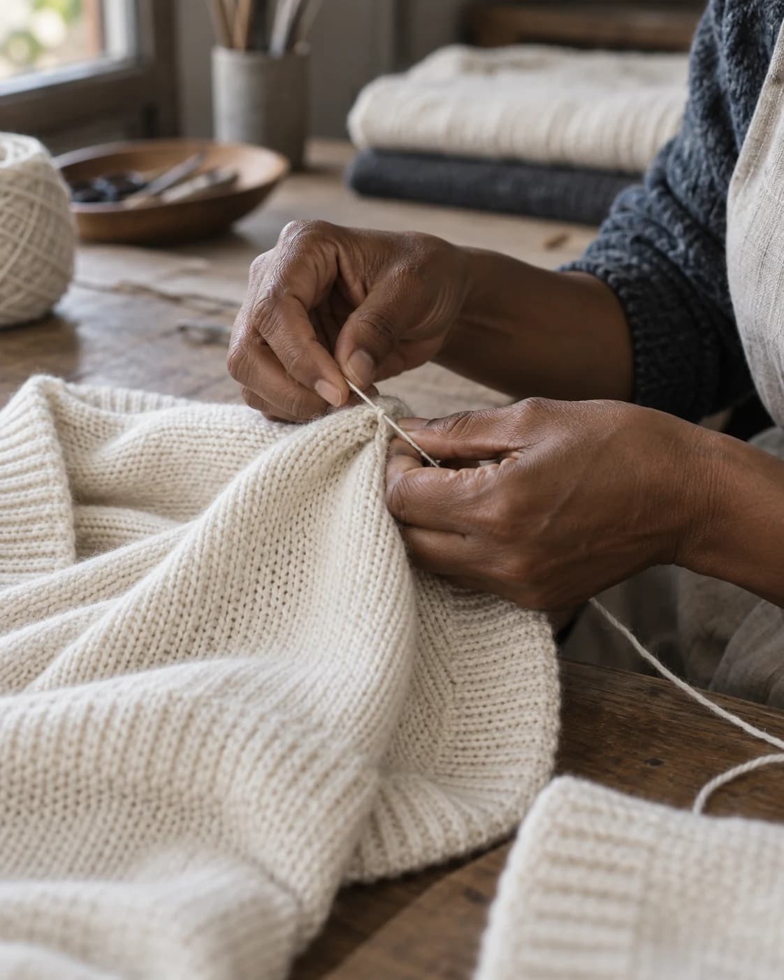 Les mains d’une artisane réalisent les finitions d’un pull écru dans notre atelier